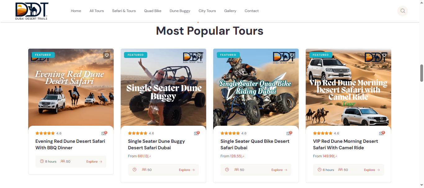 Dubai Desert Trails landing page with booking call-to-action