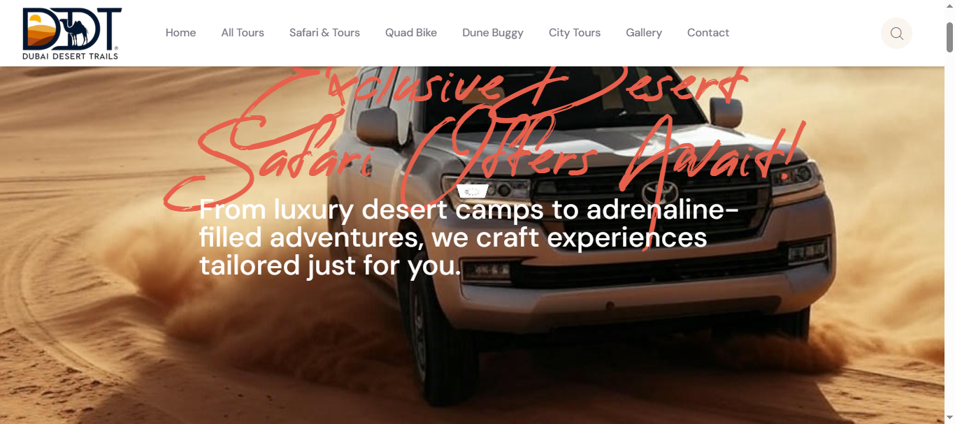 Dubai Desert Trails tourism website homepage with desert safari tour categories